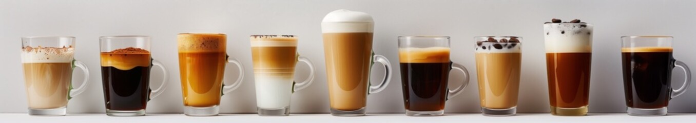 Wall Mural - Illustration of coffee in various glasses and cups, white background, center one tall glass with latte and cappuccino at the top