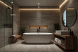 © Saktanong - Minimalist Bathroom with Geometric Lines, Freestanding Bathtub, and Recessed Lighting, Featuring Monochromatic Color Scheme and Natural Materials for a Serene Relaxation Retreat
