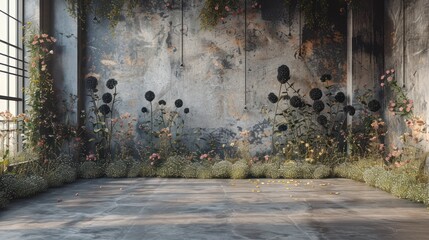 Wall Mural - Minimalist wedding interior with blank posters and beautiful black flowers on the walls