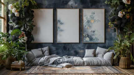 Wall Mural - Minimalist wedding interior with blank posters and beautiful black flowers on the walls