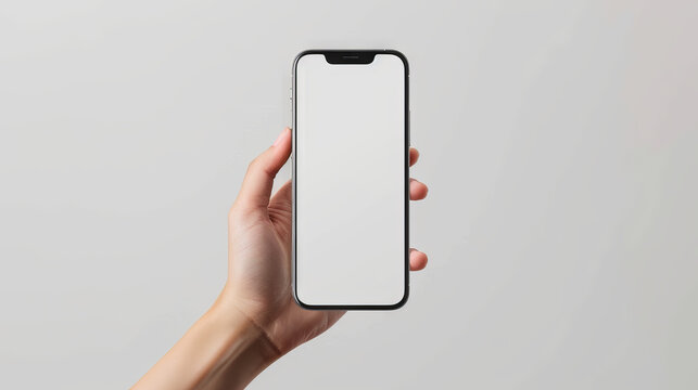 Mockup iphone hand - clipping path , Studio shot of Smartphone iPhone 15 Pro Max with blank phone screen for Infographic Global Business web site design 