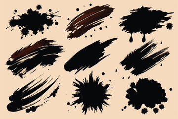 Wall Mural - Brush strokes ink and blots, paint, set. Vector illustration