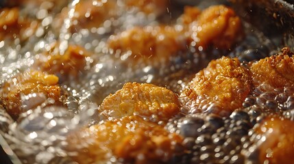 Wall Mural - A close-up of golden-brown chicken thighs cooking in a bubbling fryer, creating a tempting crunch