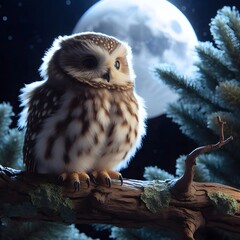 Owl | Owl on a tree in the misty forest under a full moon at night | 