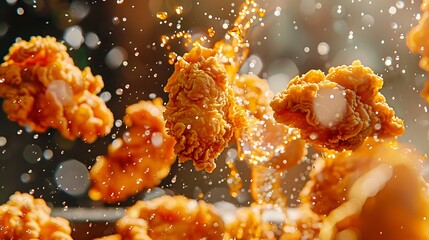 Wall Mural - A mesmerizing scene of golden-brown chicken chunks taking flight from their container with unparalleled clarity