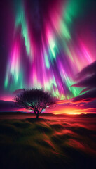 Wall Mural - A lone tree in the foreground against a dramatic backdrop of the aurora borealis in a vibrant mix of colors such as pink, green and purple