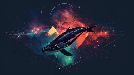 Poster - Whale on simple multicolored geometric outer space