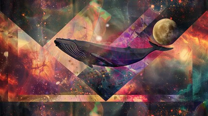 Poster - Whale on simple multicolored geometric outer space