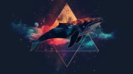 Poster - Whale on simple multicolored geometric outer space
