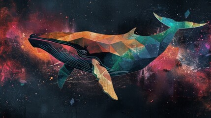 Poster - Whale on simple multicolored geometric outer space