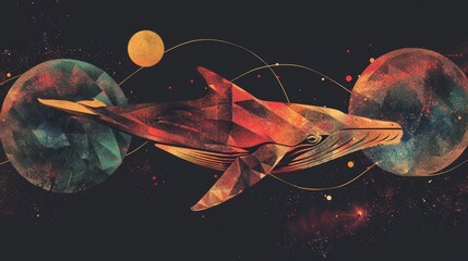 Poster - Whale on simple multicolored geometric outer space