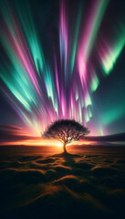 Wall Mural - Solitary tree standing in the foreground against a mesmerizing backdrop of the aurora borealis