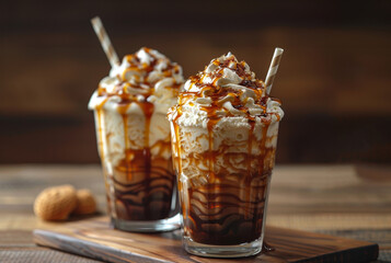 Sticker - dessert creation, mixing vanilla ice cream and caramel syrup for a luscious caramel milkshake a luxurious indulgence perfect for any occasion