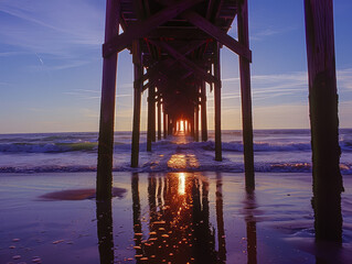 A pier with a wooden walkway leading to the ocean