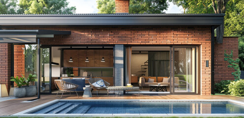 Wall Mural - a modern house with an open black window, grey brick walls and a gray roof. The garden has green grass, an outdoor sofa set near the swimming pool in front of two houses.