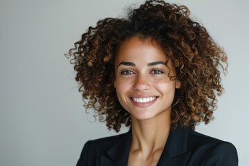 Wall Mural - A woman with curly hair is smiling and wearing a black suit