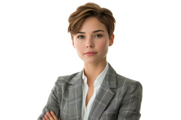 Wall Mural - A woman in a gray jacket and white shirt is posing for a picture