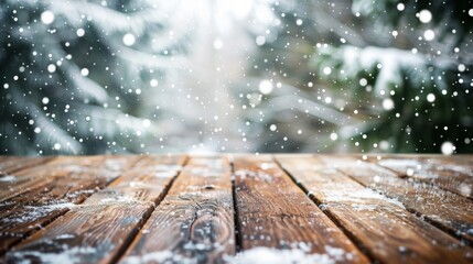 Empty wooden table top for product display, presentation stage. Snowy winter landscape background.