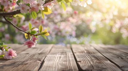 Wall Mural - Empty wooden table top for product display, presentation stage. Spring flowers, blossoming Cherry trees, Sakura flower Park with garden in the background.