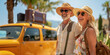 © SnapVault - A retired couple in their 60s, with summer hats , standing next to a yellow taxi with luggage on top. The background shows palm trees and a clear blue sky. Vacation destination for older people