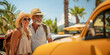 © SnapVault - A senior couple in their 60s, wearing sun hats and sunglasses, enjoying a sunny day during their road trip,beside a yellow car with palm trees in the background,  spirit of adventure and leisure.
