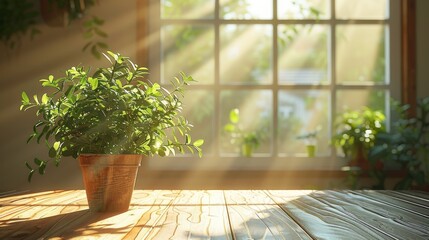 Wall Mural - A beautiful solid wood table with a vibrant green plant placed on top, with sunlight streaming through a large window onto the table. The sunlight is bright and warm. Generative AI.