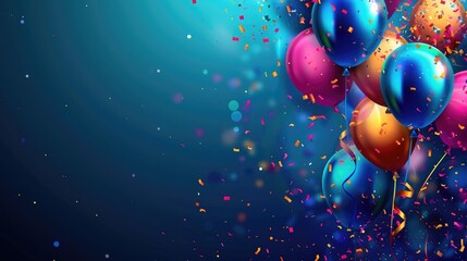 Colorful balloons with confetti and ribbons on dark blue background