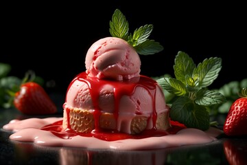 Poster - strawberry ice cream with strawberry syrup and mint