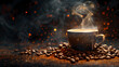 © TP SHOTS - Coffee cup surrounded by ground coffee and beans on a dark surface