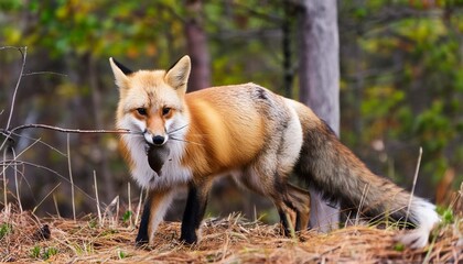 Wall Mural - close up photo of a red fox carrying a mouse in its mouth against the background of an autumn pine forest