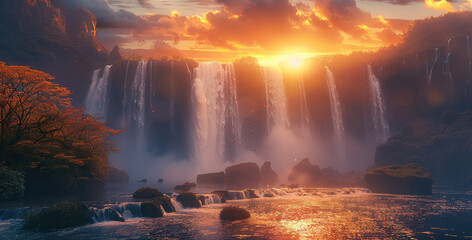 Poster - Under the setting sun, the waterfall is filled with mist and rain. Generative AI.