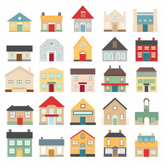 Icons of houses and buildings isolated on white. Illustration in vector format