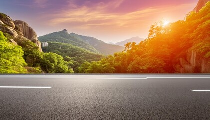 Wall Mural - realistic photo of asphalt road and green forest with natural mountain landscape generative ai