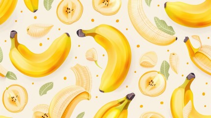 Vibrant bananas and banana slices seamless pattern background
