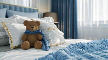 Wall Mural - Cozy bedroom with soft teddy bear on a neatly made bed with blue and white pillows creating a warm and inviting atmosphere