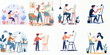 © ZulHaq - illustration set of people painting using watercolor brushes on canvas. flat vector illustration