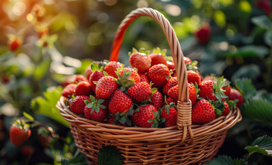 Wall Mural - Fresh strawberries in basket in the garden