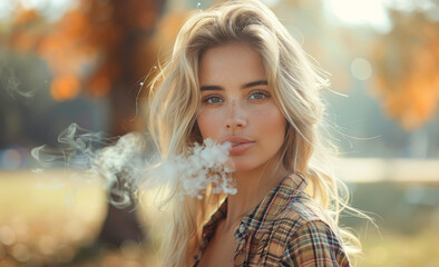 Sticker - Beautiful blonde girl with long hair bright makeup blue eyes pink lipstick wearing plaid shirt with beautiful smile posing in the autumn park in the fresh air smoking cigarette