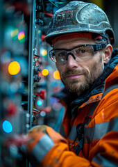 Wall Mural - Portrait of worker wearing protective glasses and helmet in factory.