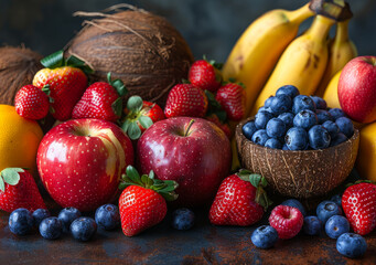 Wall Mural - Fresh fruits. Apples bananas strawberries blueberries and raspberries on dark background