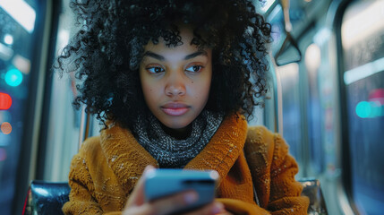 Poster - Female mixed race hand scrolling on her phone on the subway in New York. Generative AI.