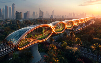 Wall Mural - Beautiful elevated train with glass domes passes through the green forest on the viaduct at sunset