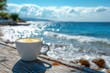 © Helios4Eos - Cup of coffee with beautiful latte art on a wooden terrace table with a stunning view of a turquoise sea and rocky coastline. Relaxation on a summer holiday vacation by the sea.