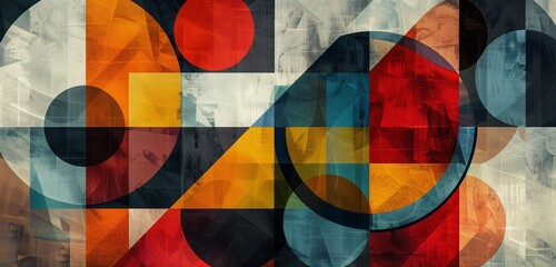Poster - Abstract Background, shapes, Triangles, squares, and circles intersect and interlock, creating a mesmerizing tapestry of form and color. 