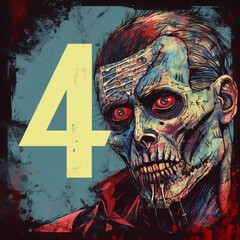 Wall Mural - Zombie face with number four. Grunge background. Vector illustration.