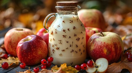 Poster -   A glass bottle filled with liquid sits on a table surrounded by apple slices and scattered leaves