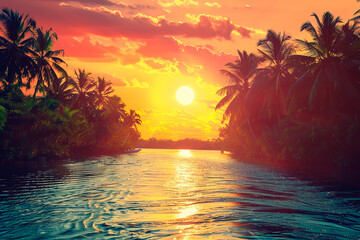 Sticker - A beautiful sunset over a body of water with palm trees in the background