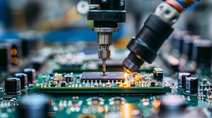 Wall Mural - Close-up of a robot arm assembling circuit boards in a high-tech electronic factory, sharp focus on precise movements and detailed components