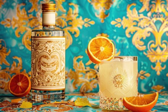 bottle of gin with cocktail glass and orange in it, blue patterned background, yellow tones, gold high resolution.