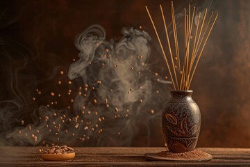 Wall Mural - Cinematic photo of sticks for the room diff iPhones in an elegant vase with brown background, filled with smoke from incense and cocoa powder on wooden table. Aesthetic and minimalistic.